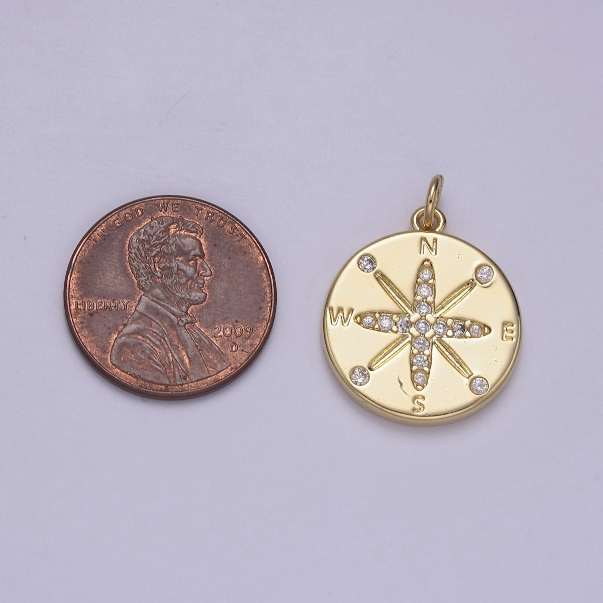 24K Gold Filled Minimalist Travelers Compass Medallion Charm CZ N-847