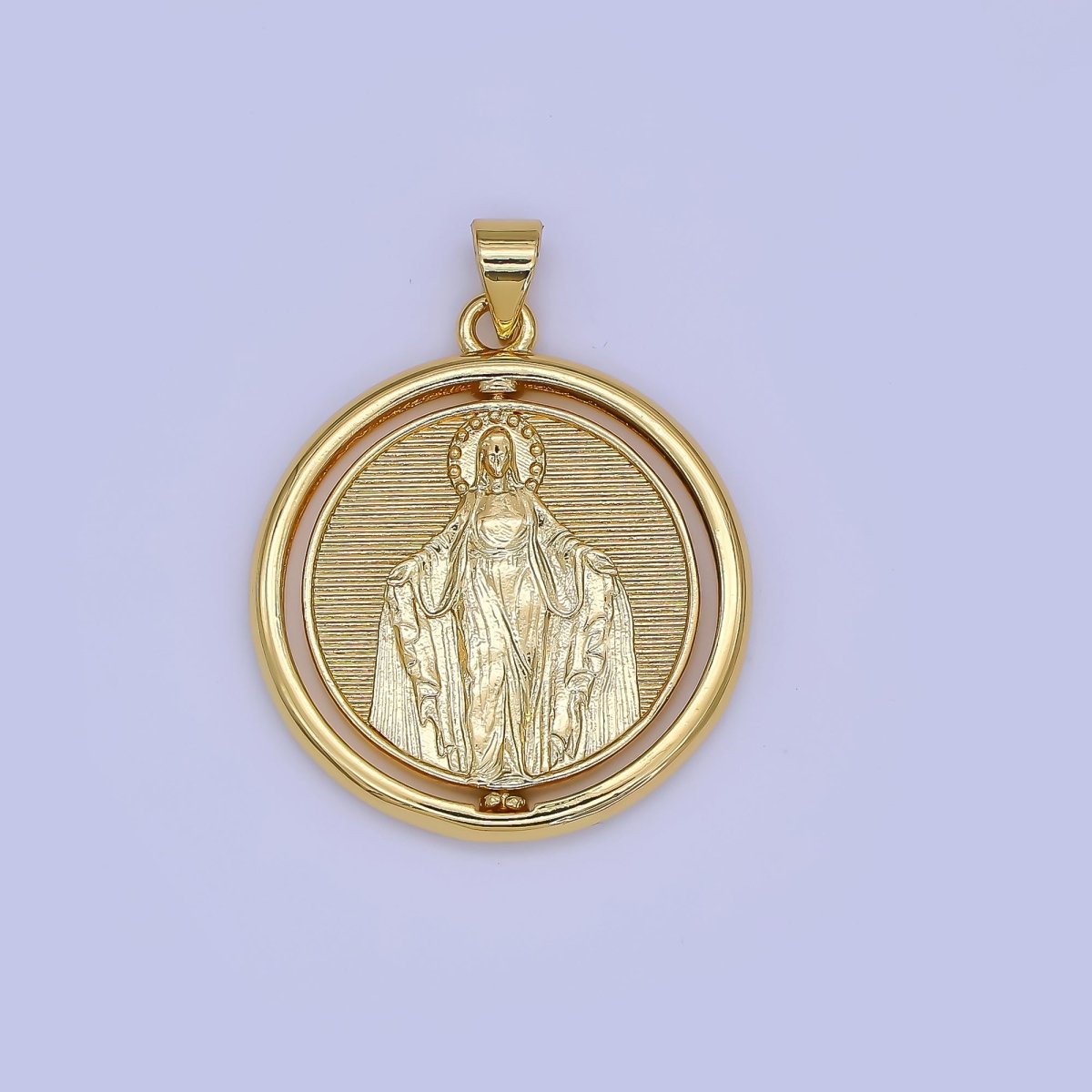 24K Gold Filled Miraculous Guadalupe Mary Religious Figure Ribbed Round Pendant | AH453 - DLUXCA