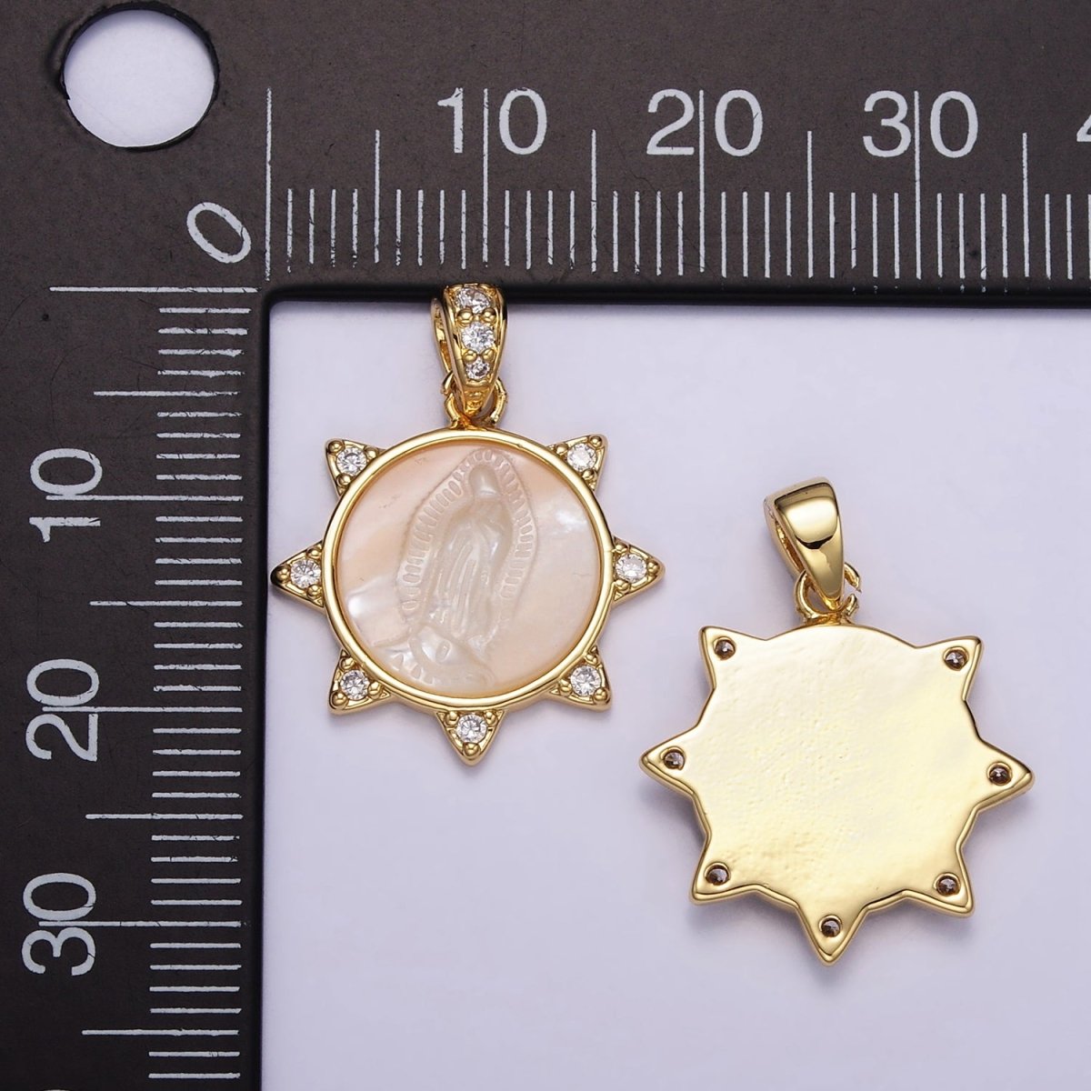 24K Gold Filled Miraculous Mary Celestial Sun CZ Shell Pearl Pendant | AA057 - DLUXCA