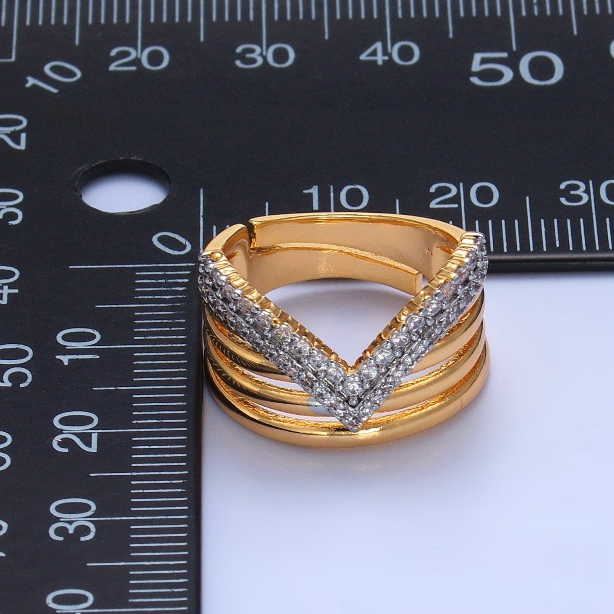 24K Gold Filled Mixed Metal Micro Paved CZ Chevron Multiple Band Ring | U388 - DLUXCA