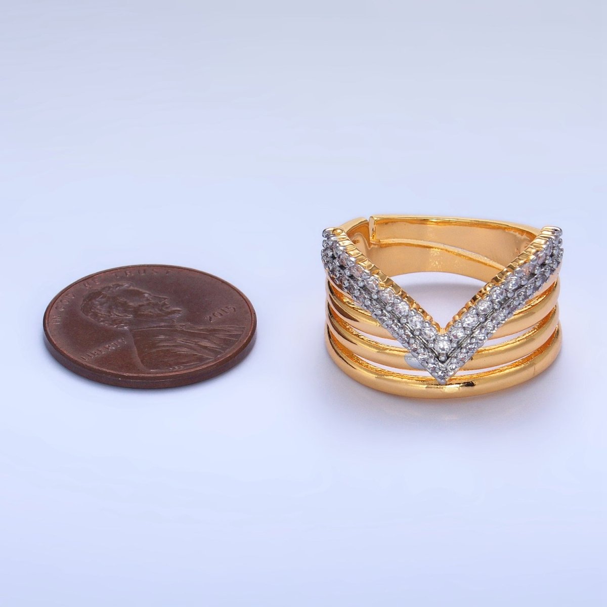 24K Gold Filled Mixed Metal Micro Paved CZ Chevron Multiple Band Ring | U388 - DLUXCA