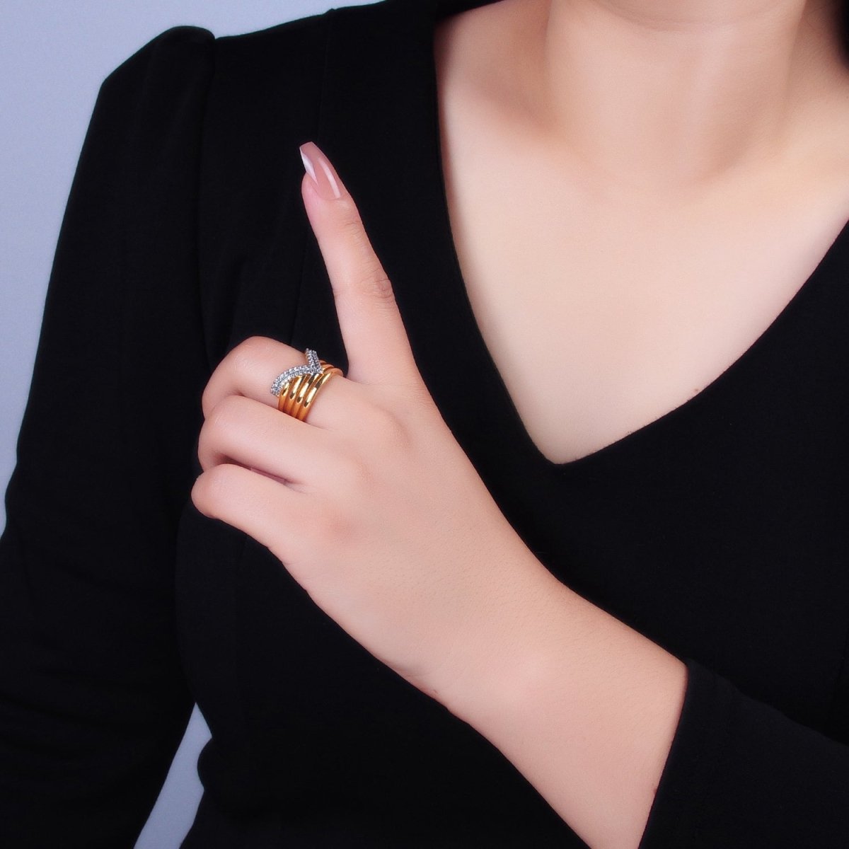 24K Gold Filled Mixed Metal Micro Paved CZ Chevron Multiple Band Ring | U388 - DLUXCA