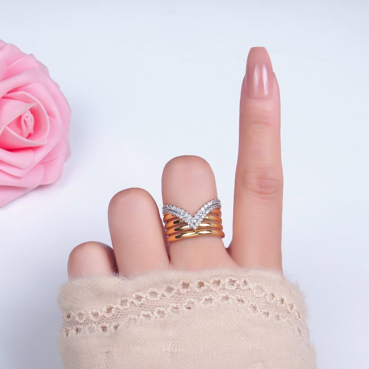 24K Gold Filled Mixed Metal Micro Paved CZ Chevron Multiple Band Ring | U388 - DLUXCA