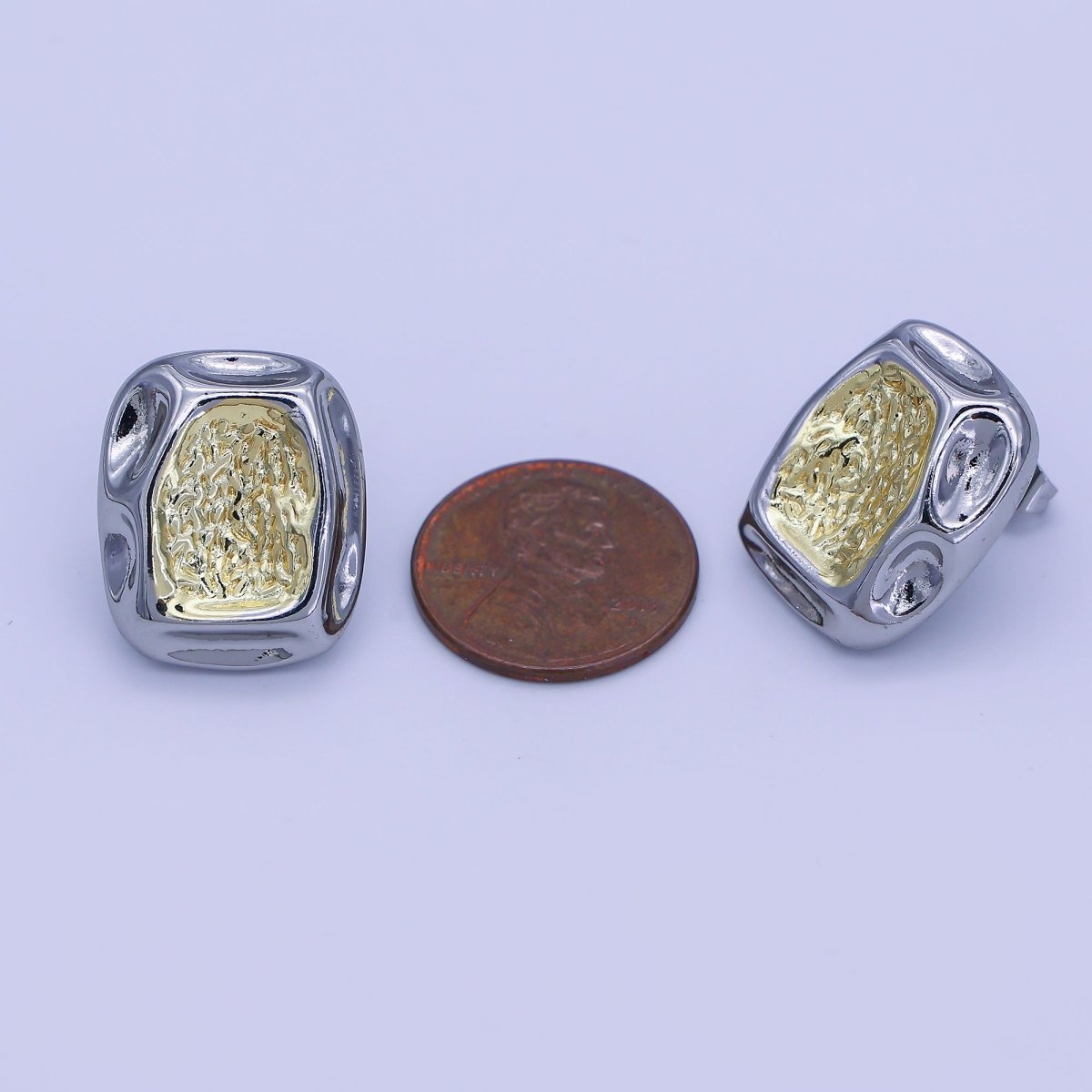 24K Gold Filled Mixed Metal Molten Rectangular Stud Earrings | V278 - DLUXCA