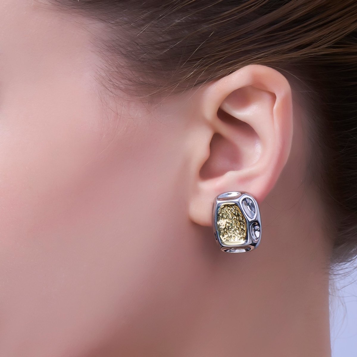 24K Gold Filled Mixed Metal Molten Rectangular Stud Earrings | V278 - DLUXCA