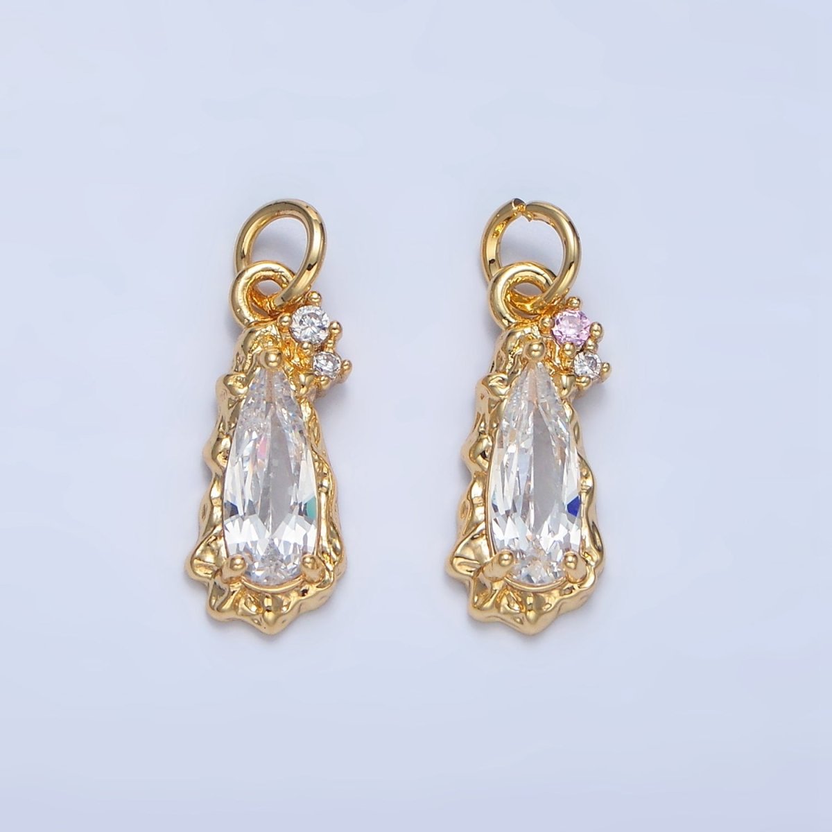 24K Gold Filled Molten Clear, Pink CZ Cluster Teardrop Charm | X931 X932