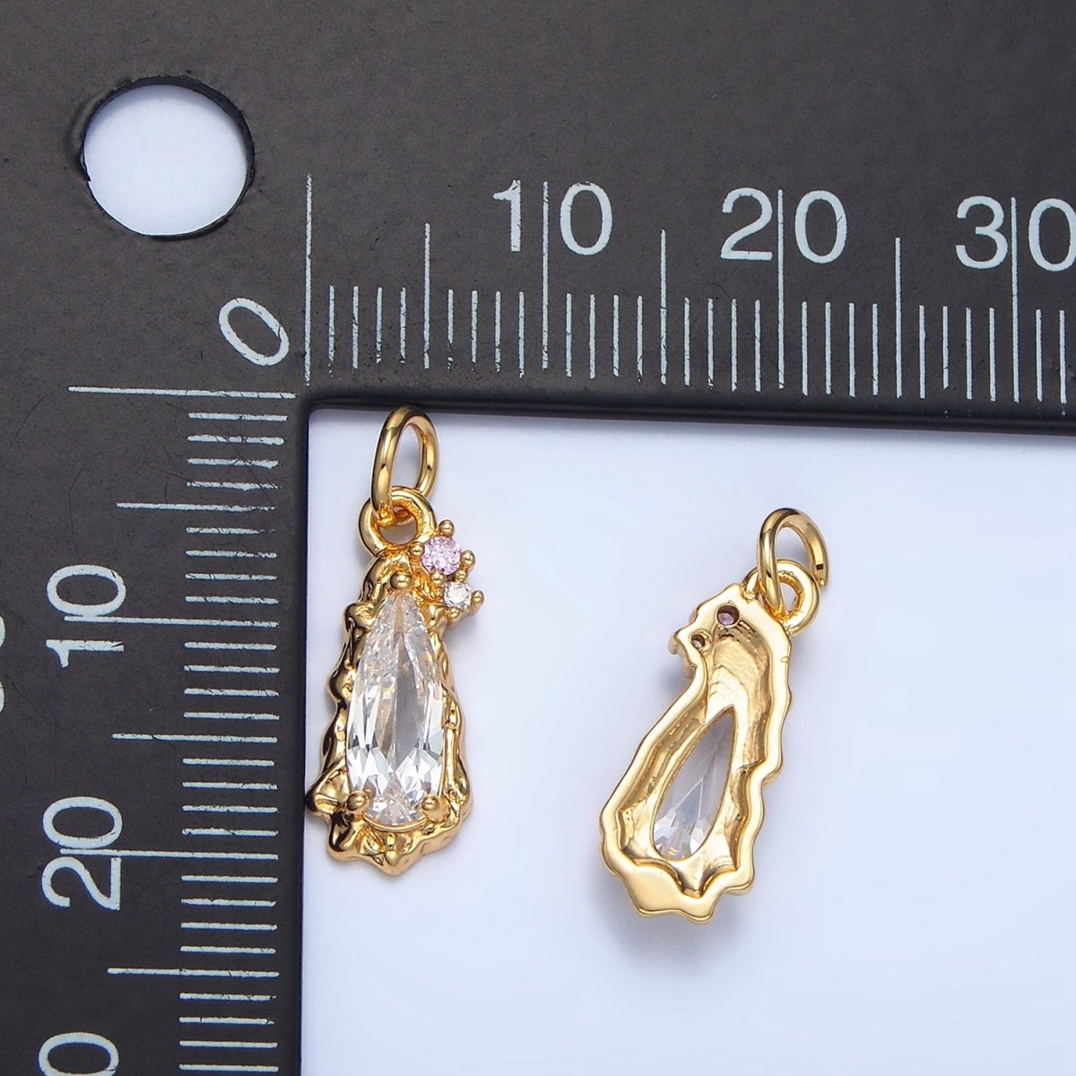 24K Gold Filled Molten Clear, Pink CZ Cluster Teardrop Charm | X931 X932