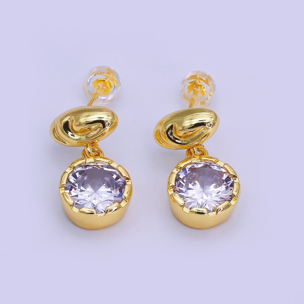 24K Gold Filled Molten Oval Clear Round CZ Drop Stud Earrings | AI506 - DLUXCA