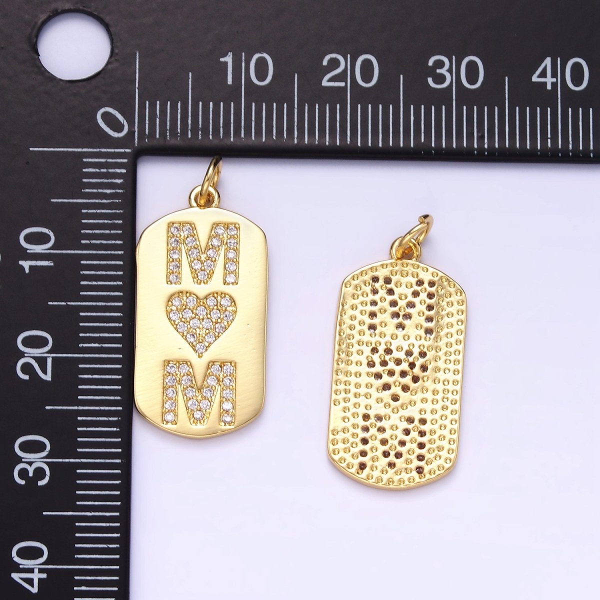 24K Gold Filled "MOM" Script Micro Paved CZ Tag Charm | E349