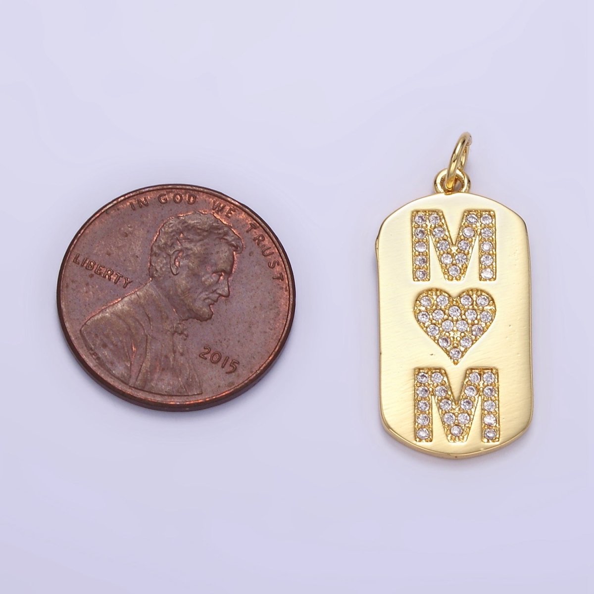 24K Gold Filled "MOM" Script Micro Paved CZ Tag Charm | E349