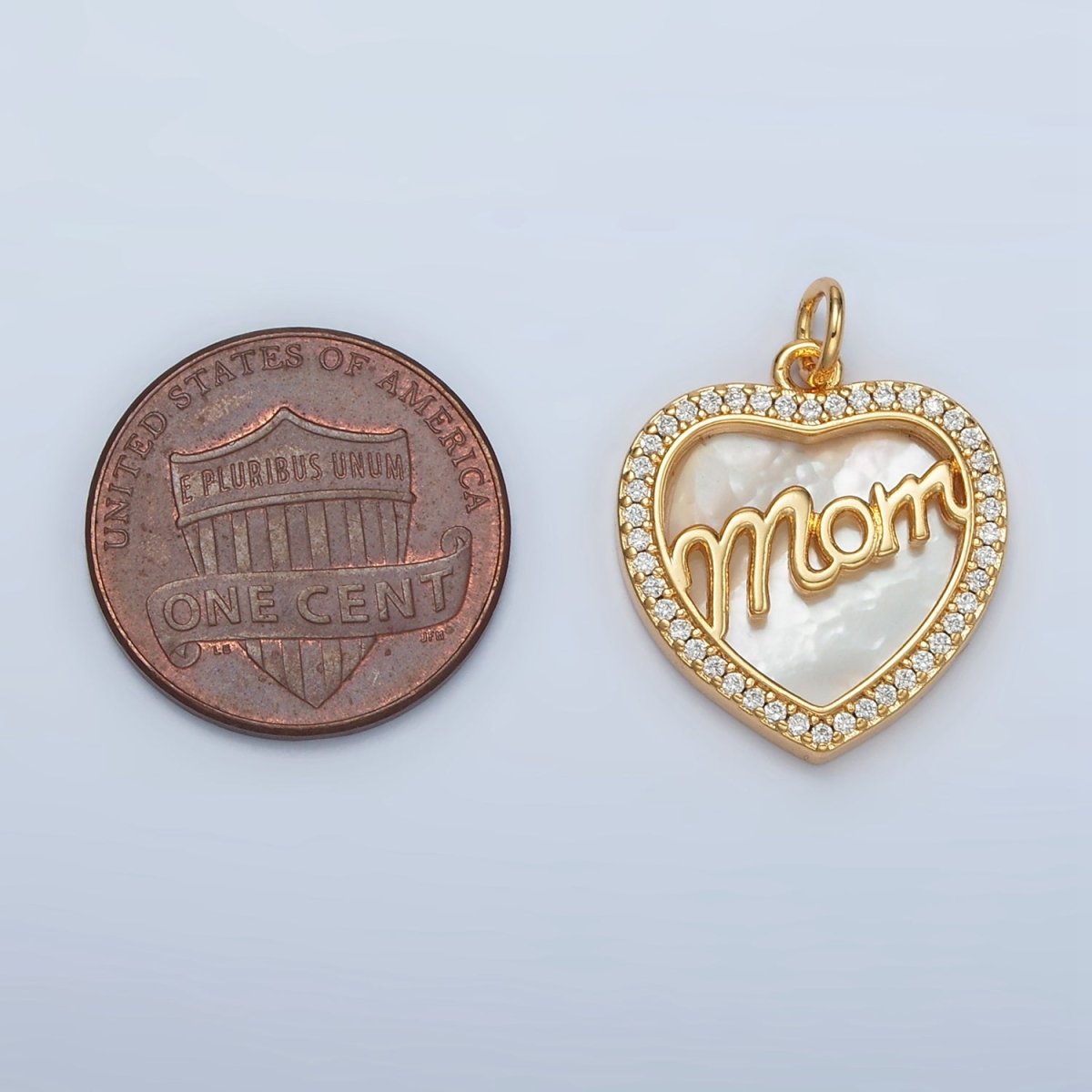 24K Gold Filled "MOM" Script Shell Pearl Micro Paved CZ Heart Charm | AG858 - DLUXCA