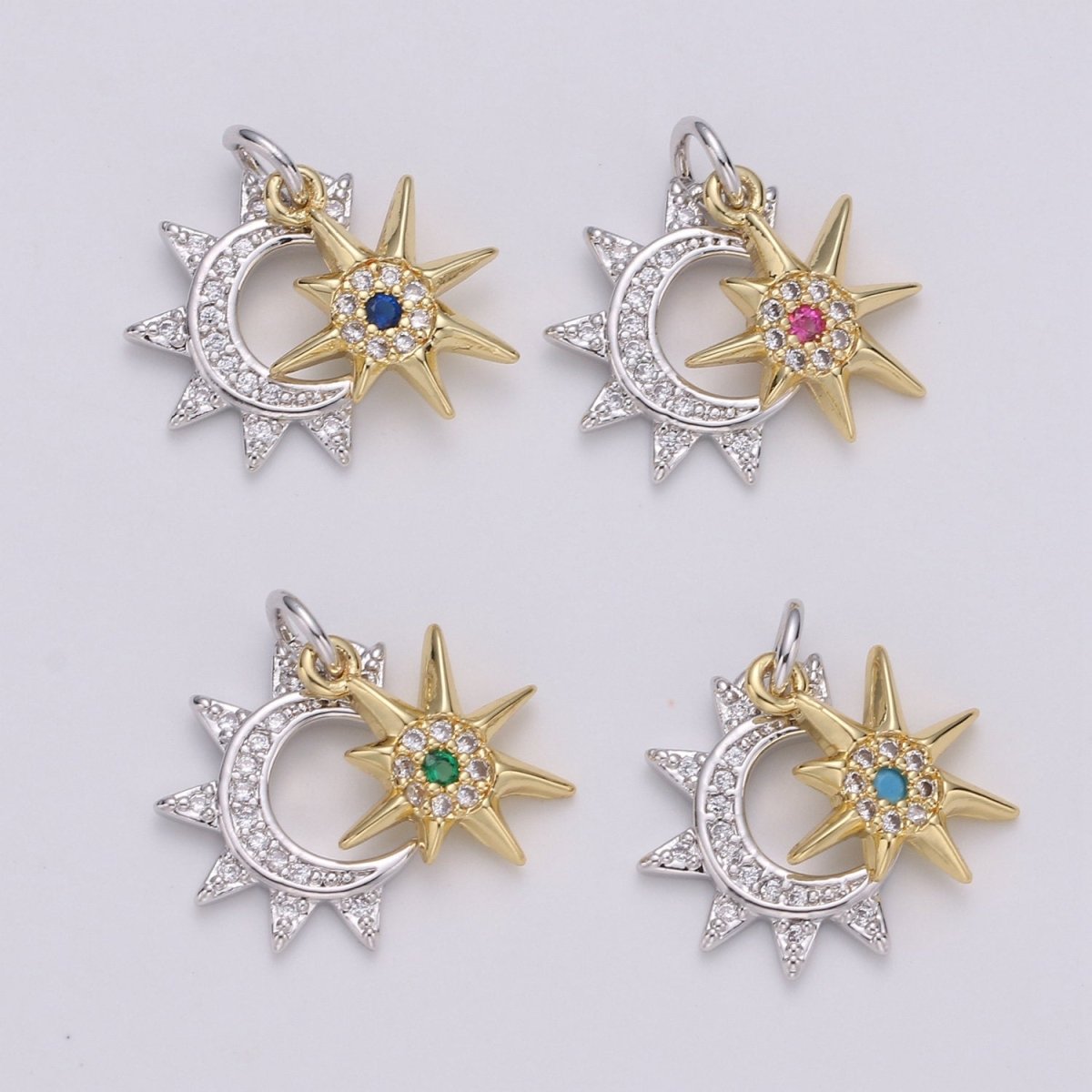 24K Gold Filled Moon Charm, Crescent Moon Pendant, Micro Pave Star Necklace, Dainty Gold Celestial Jewelry Making Supply Aurora Necklace D-446 - D-449