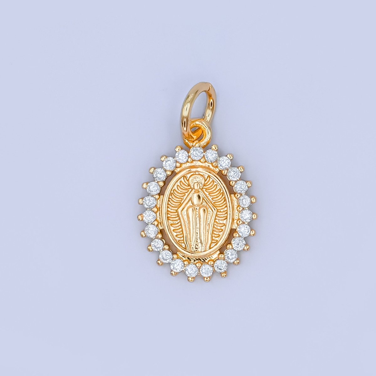 24K Gold Filled Mother Mary Micro Paved CZ Oval Mini Charm | M804 - DLUXCA