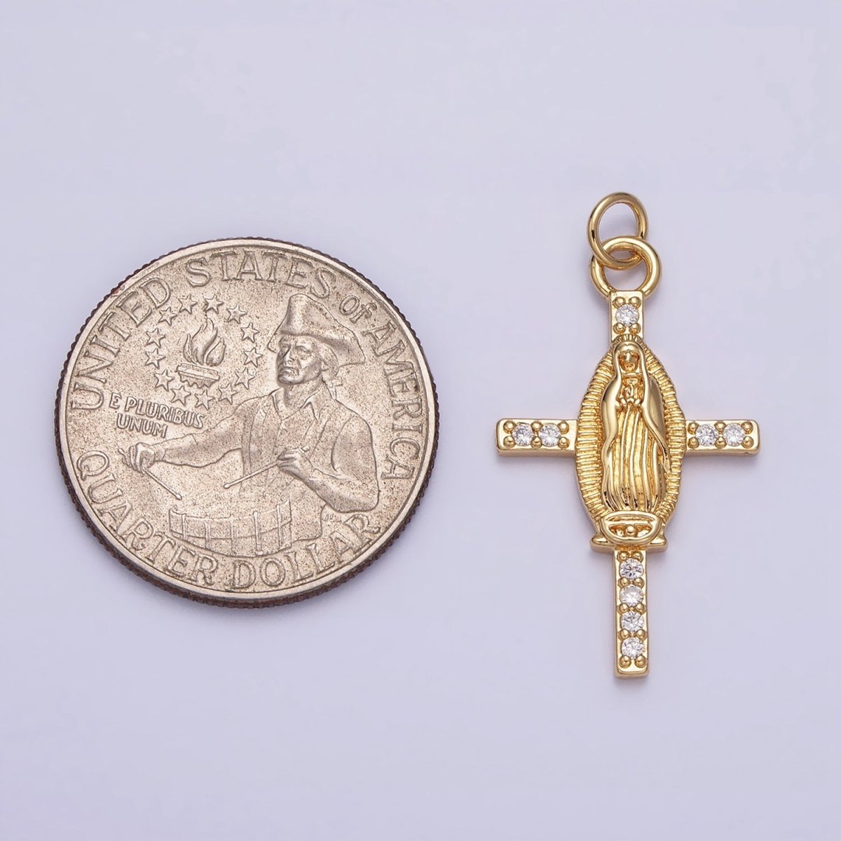 24K Gold Filled Mother Mary Micro Paved CZ Religious Cross Charm | AC1134 - DLUXCA