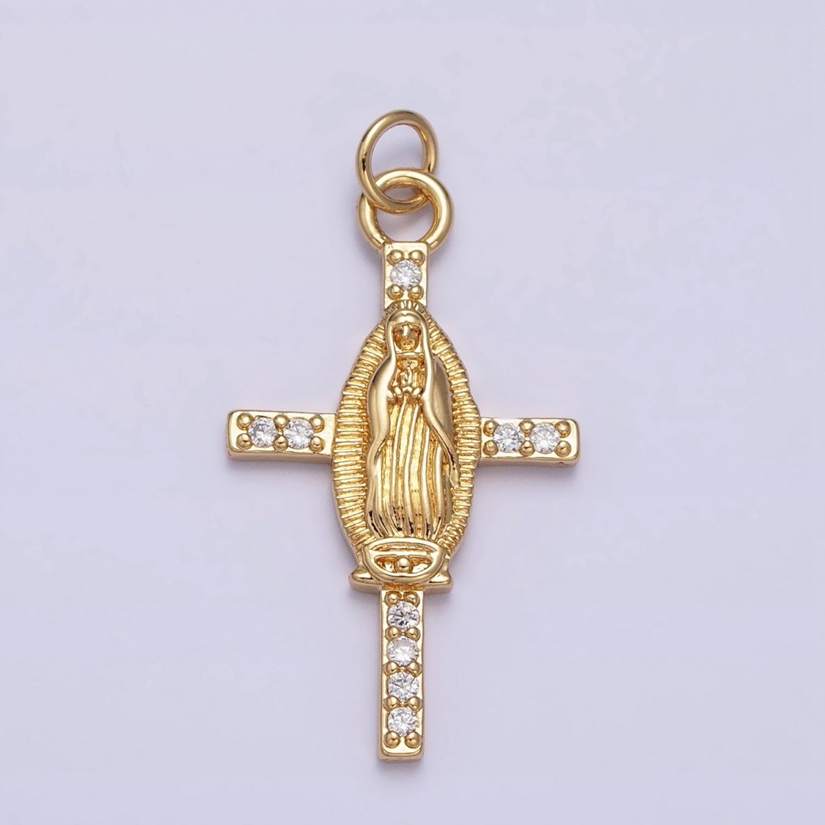 24K Gold Filled Mother Mary Micro Paved CZ Religious Cross Charm | AC1134 - DLUXCA