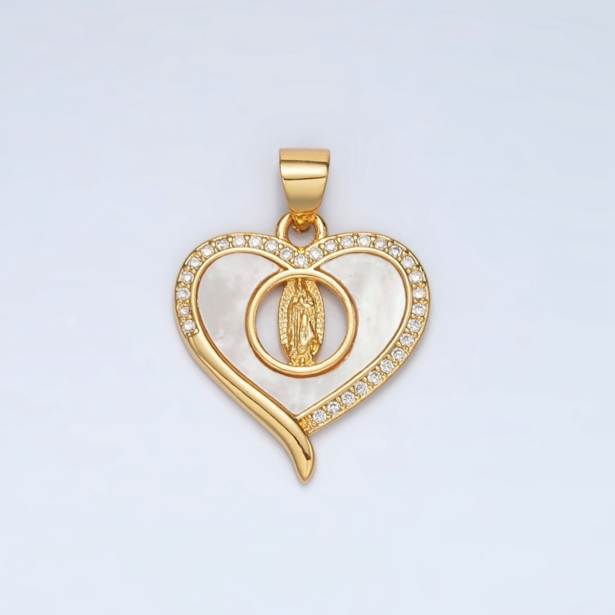 24K Gold Filled Mother Mary Shell Pearl Micro Paved CZ Open Heart Pendant | AH182 - DLUXCA