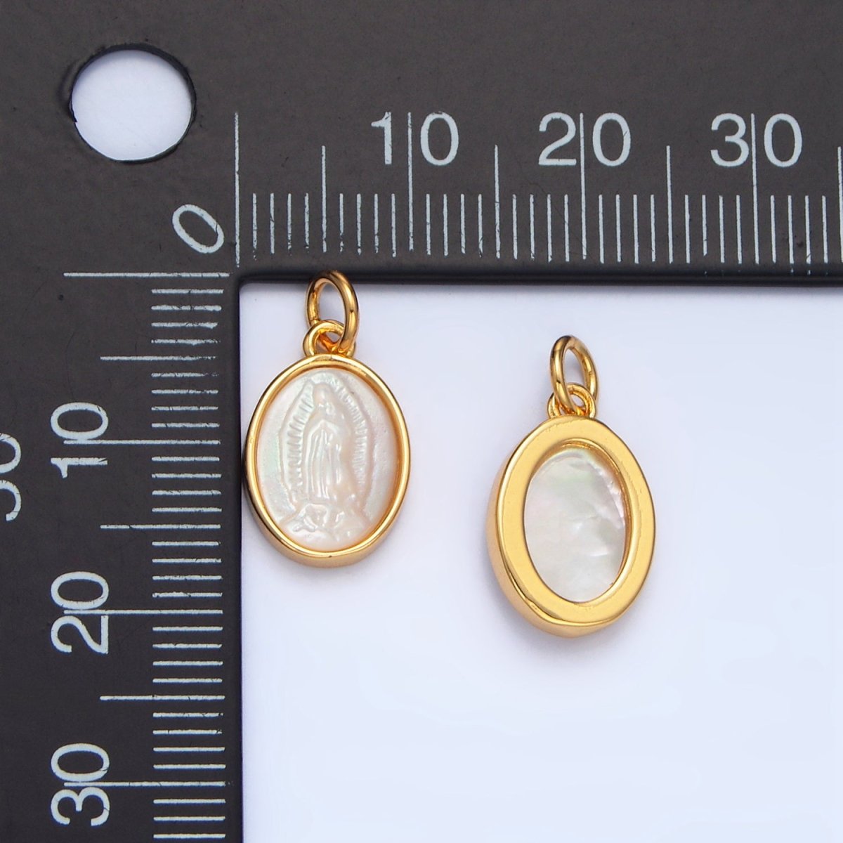 24K Gold Filled Mother Mary Shell Pearl Oval Bezel Charm | X604 - DLUXCA
