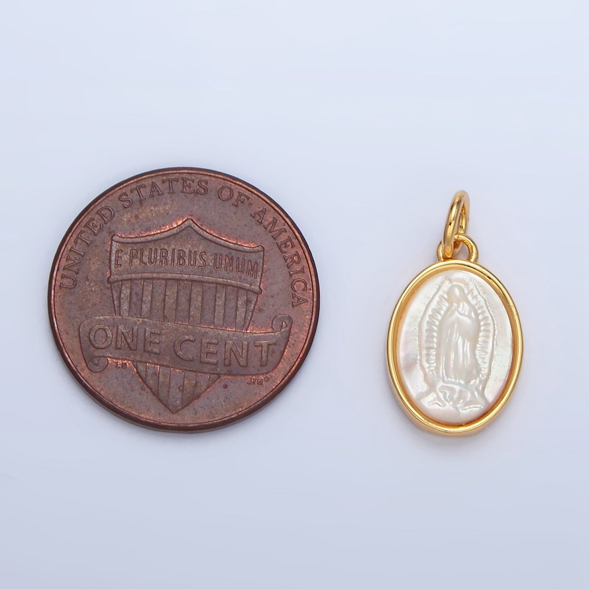 24K Gold Filled Mother Mary Shell Pearl Oval Bezel Charm | X604 - DLUXCA