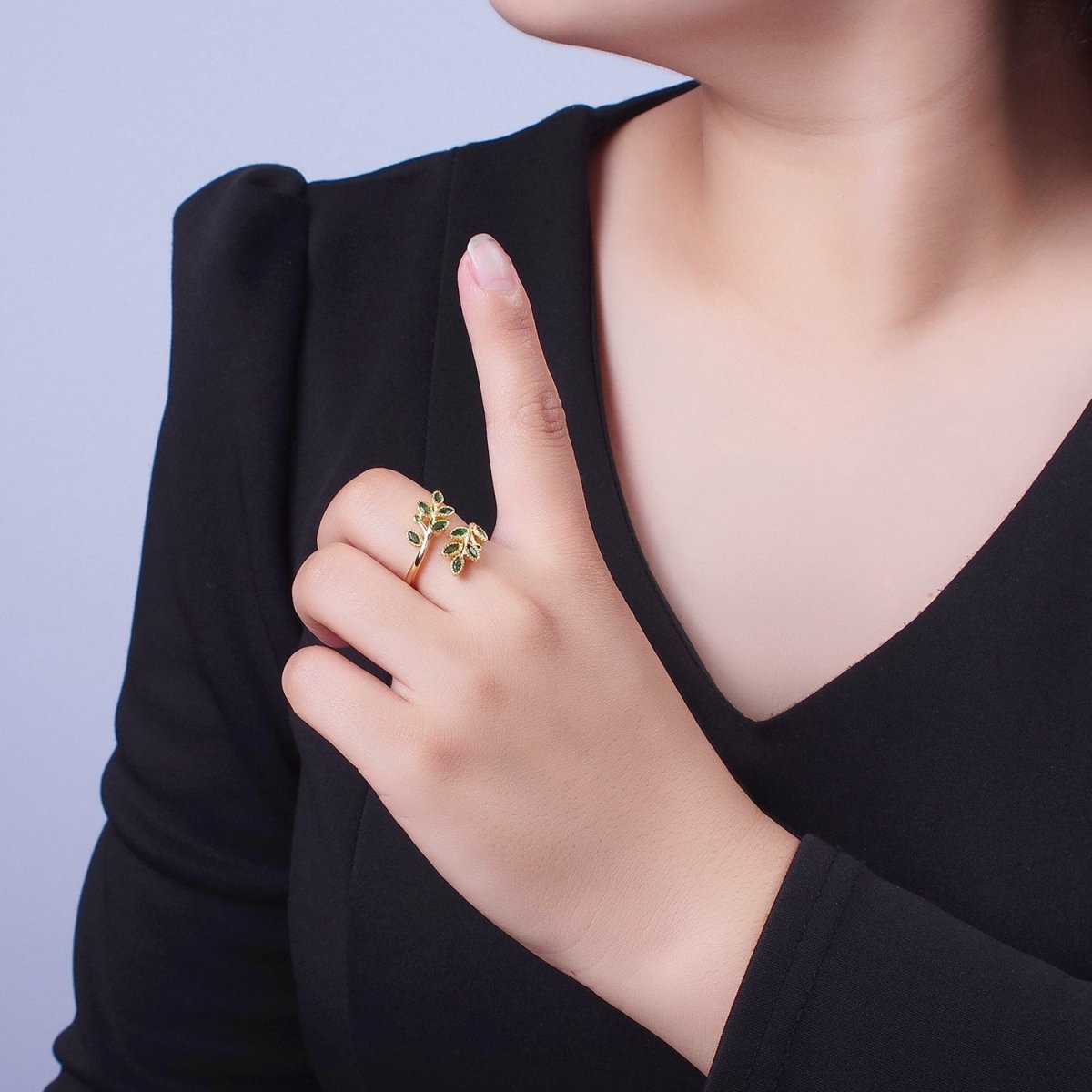 24K Gold Filled Mother Nature Vine Leaves Green Cubic Zirconia Adjustable Open Ring | X-605 - DLUXCA