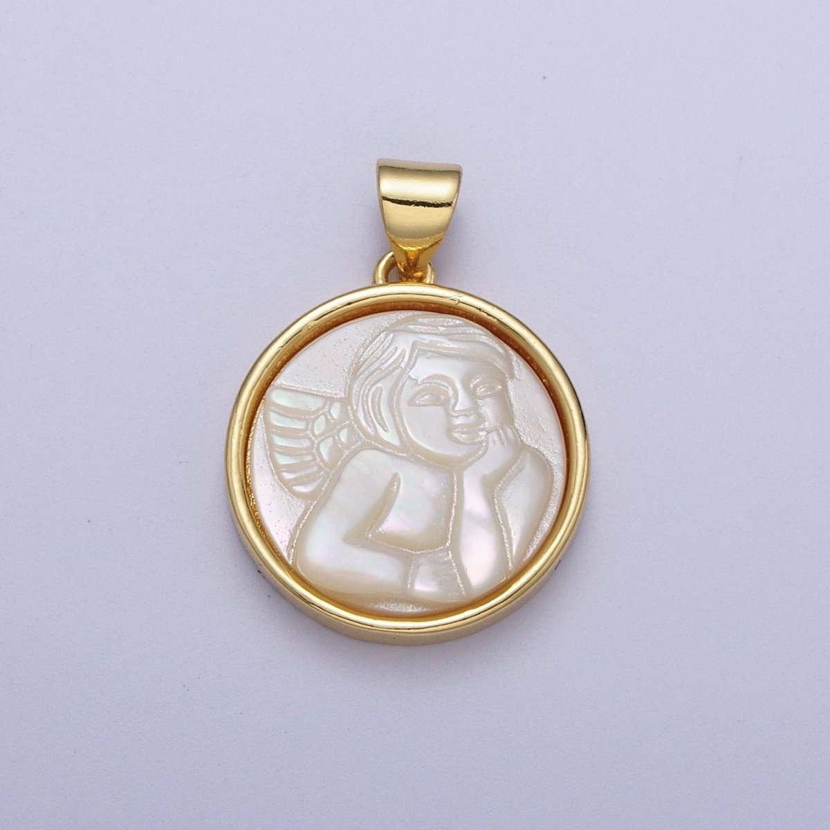 24K Gold Filled Mother of Pearl Religious Lady Guadalupe, Cherub Angel, Saint Jude Round Pendant I-060 I-072 I-077