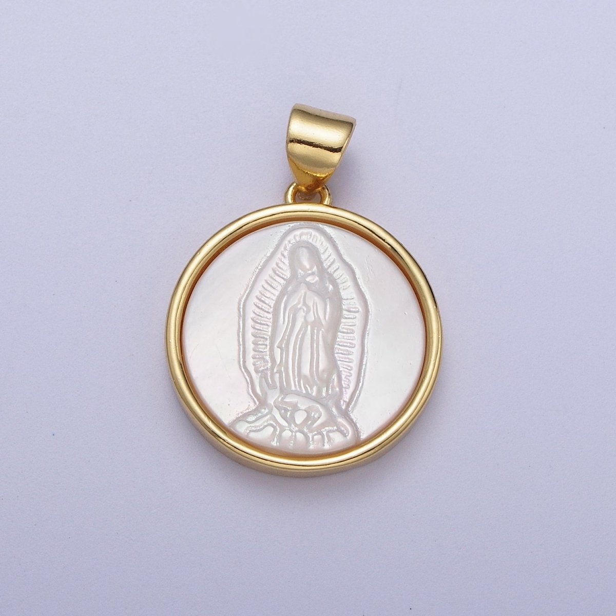 24K Gold Filled Mother of Pearl Religious Lady Guadalupe, Cherub Angel, Saint Jude Round Pendant I-060 I-072 I-077