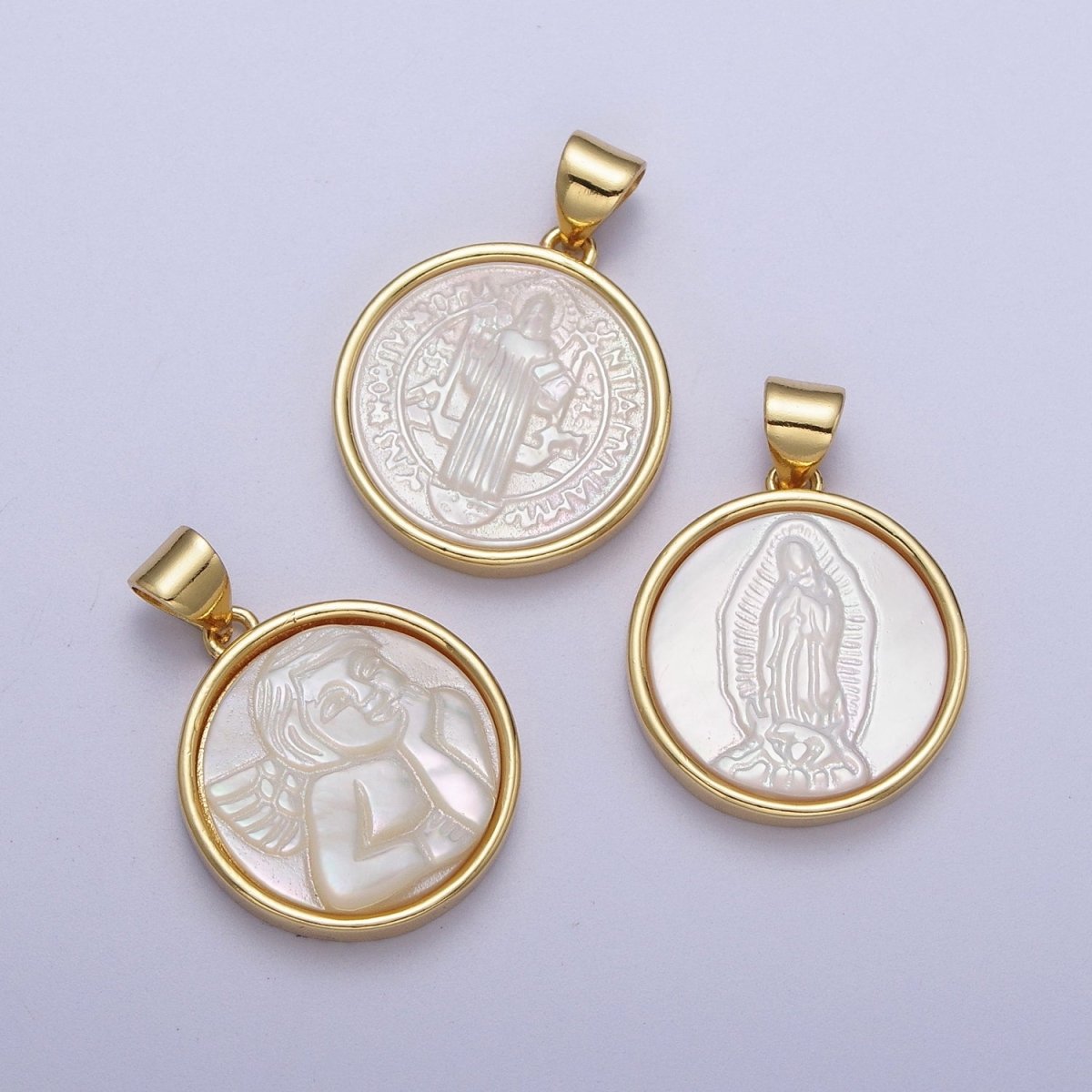 24K Gold Filled Mother of Pearl Religious Lady Guadalupe, Cherub Angel, Saint Jude Round Pendant I-060 I-072 I-077