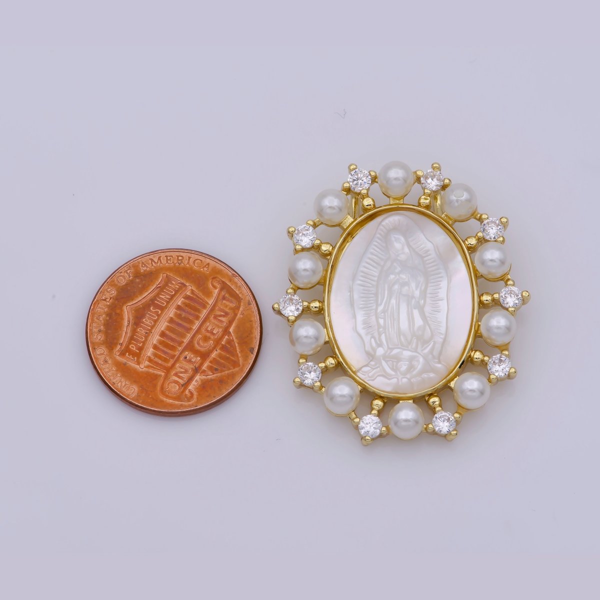 24K Gold Filled Mother of Pearl Virgin Mary Lady Guadalupe Oval Charm in Gold & Silver | M-919 M-920