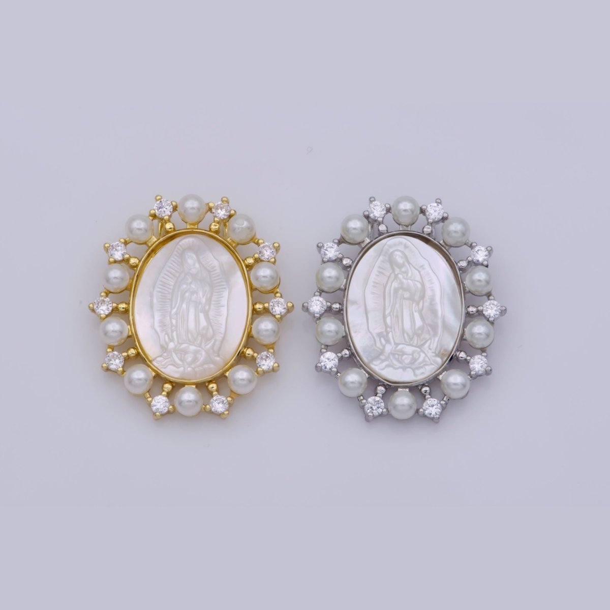 24K Gold Filled Mother of Pearl Virgin Mary Lady Guadalupe Oval Charm in Gold & Silver | M-919 M-920