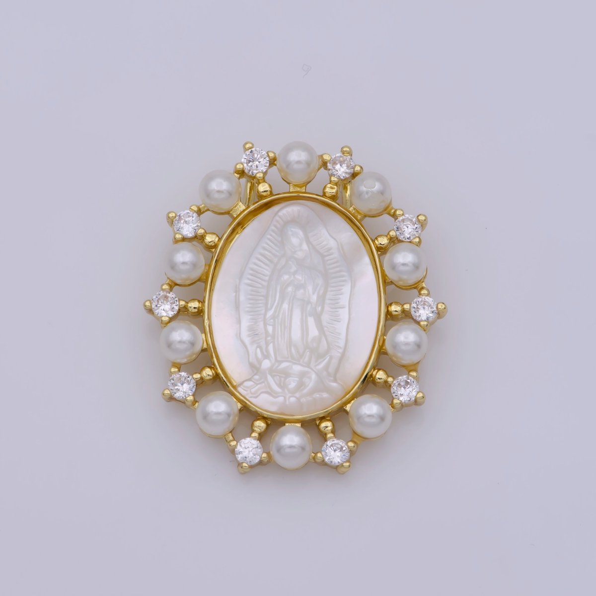 24K Gold Filled Mother of Pearl Virgin Mary Lady Guadalupe Oval Charm in Gold & Silver | M-919 M-920