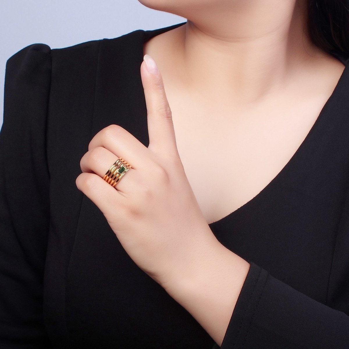 24K Gold Filled Multiband Signet Ring with Emerald Green Baguette CZ Cubic Zirconia O-2284 - DLUXCA