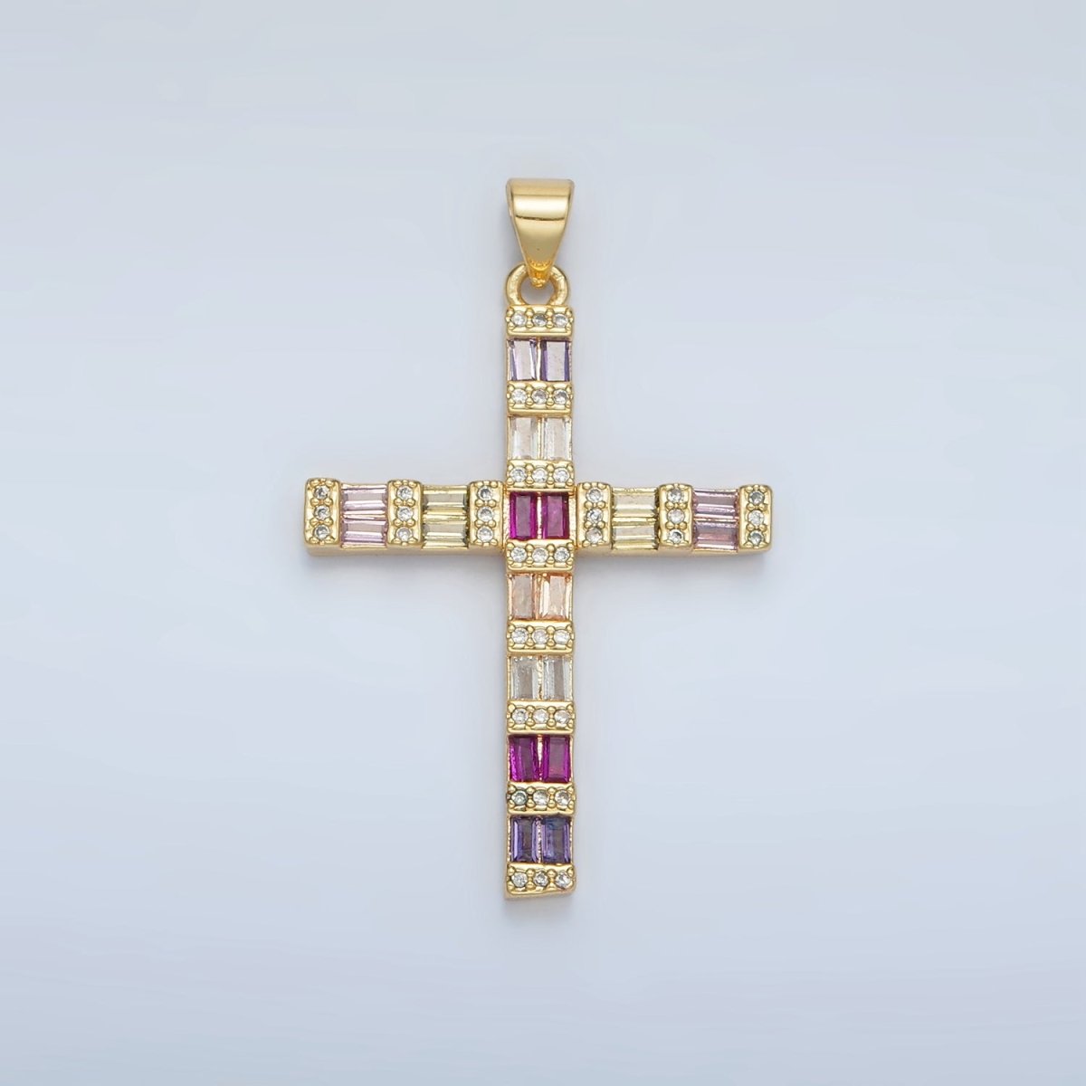 24K Gold Filled Multicolor Pink CZ Baguette Religious Cross Pendant | I255 - DLUXCA