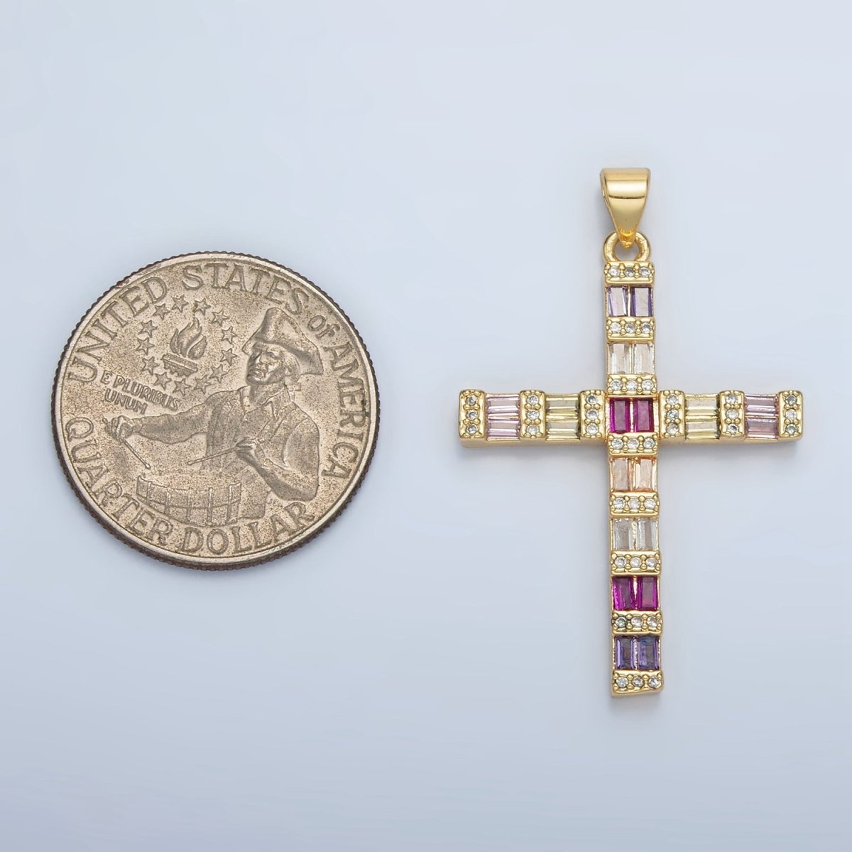 24K Gold Filled Multicolor Pink CZ Baguette Religious Cross Pendant | I255 - DLUXCA