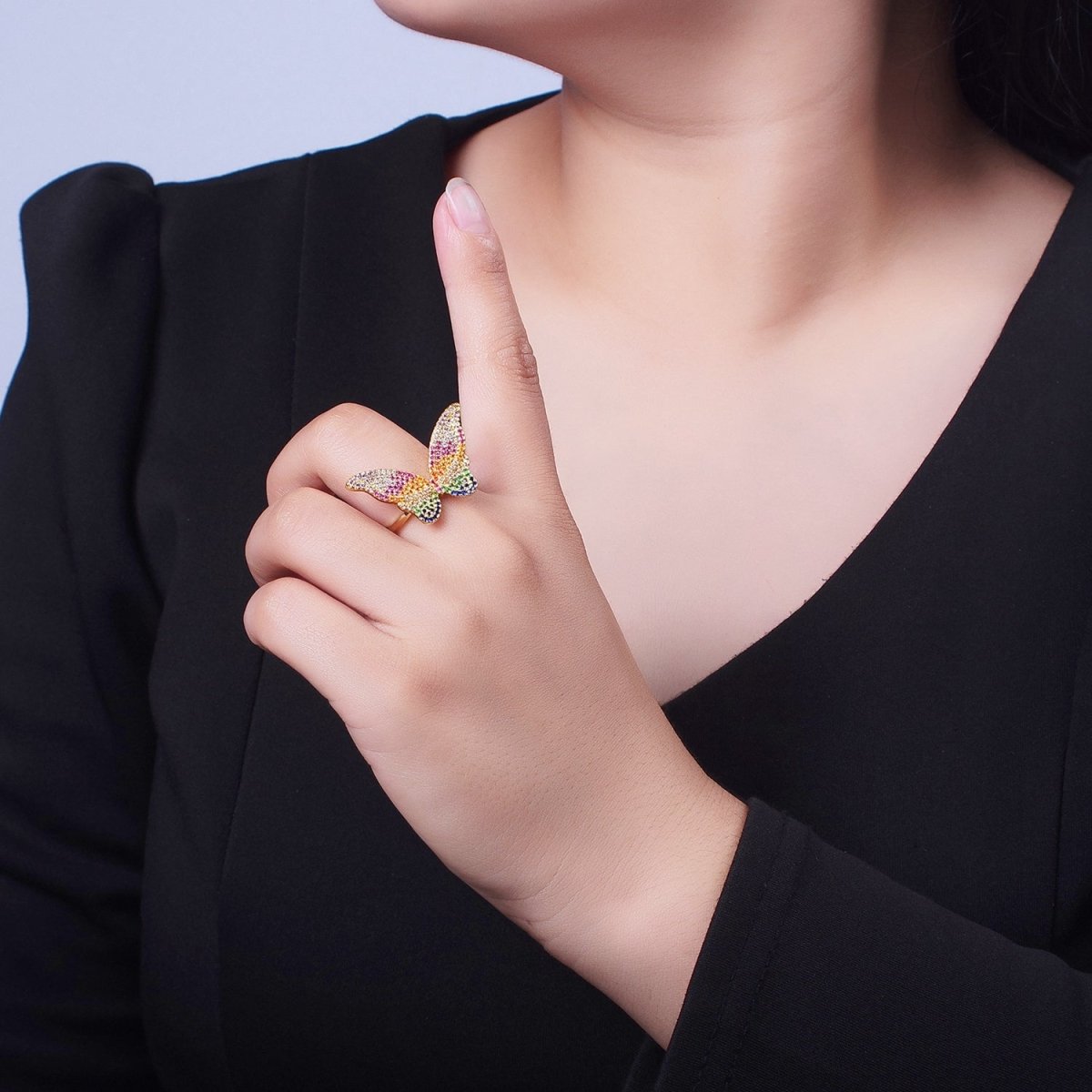 24K Gold Filled Multicolor Rainbow Butterfly Mariposa Cubic Zirconia Adjustable Statement Ring | U-126