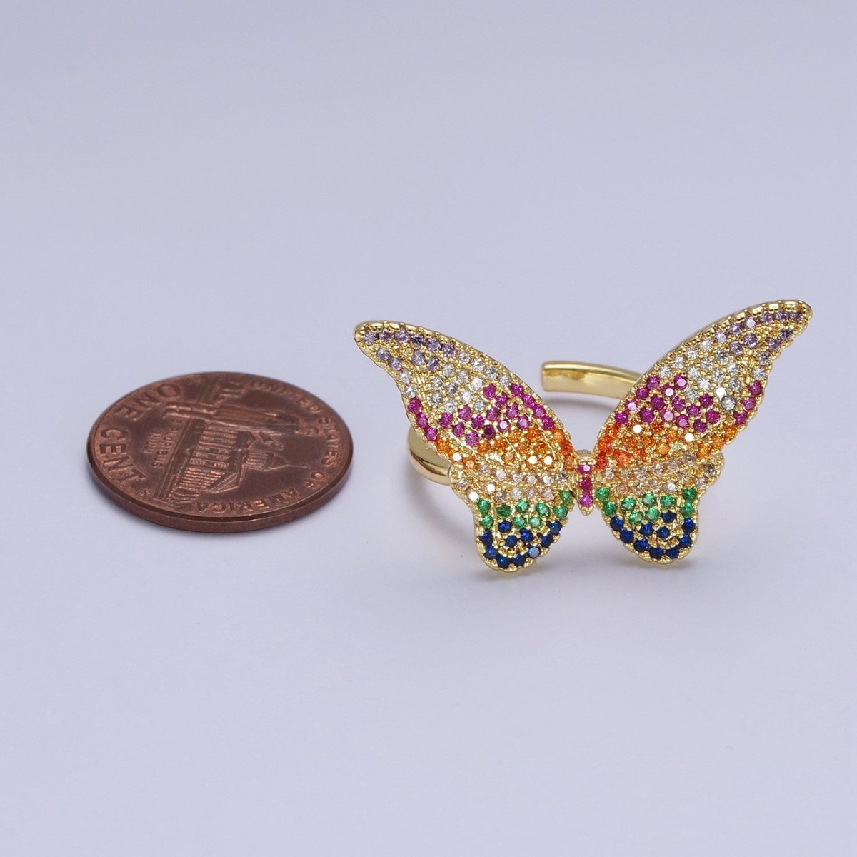 24K Gold Filled Multicolor Rainbow Butterfly Mariposa Cubic Zirconia Adjustable Statement Ring | U-126