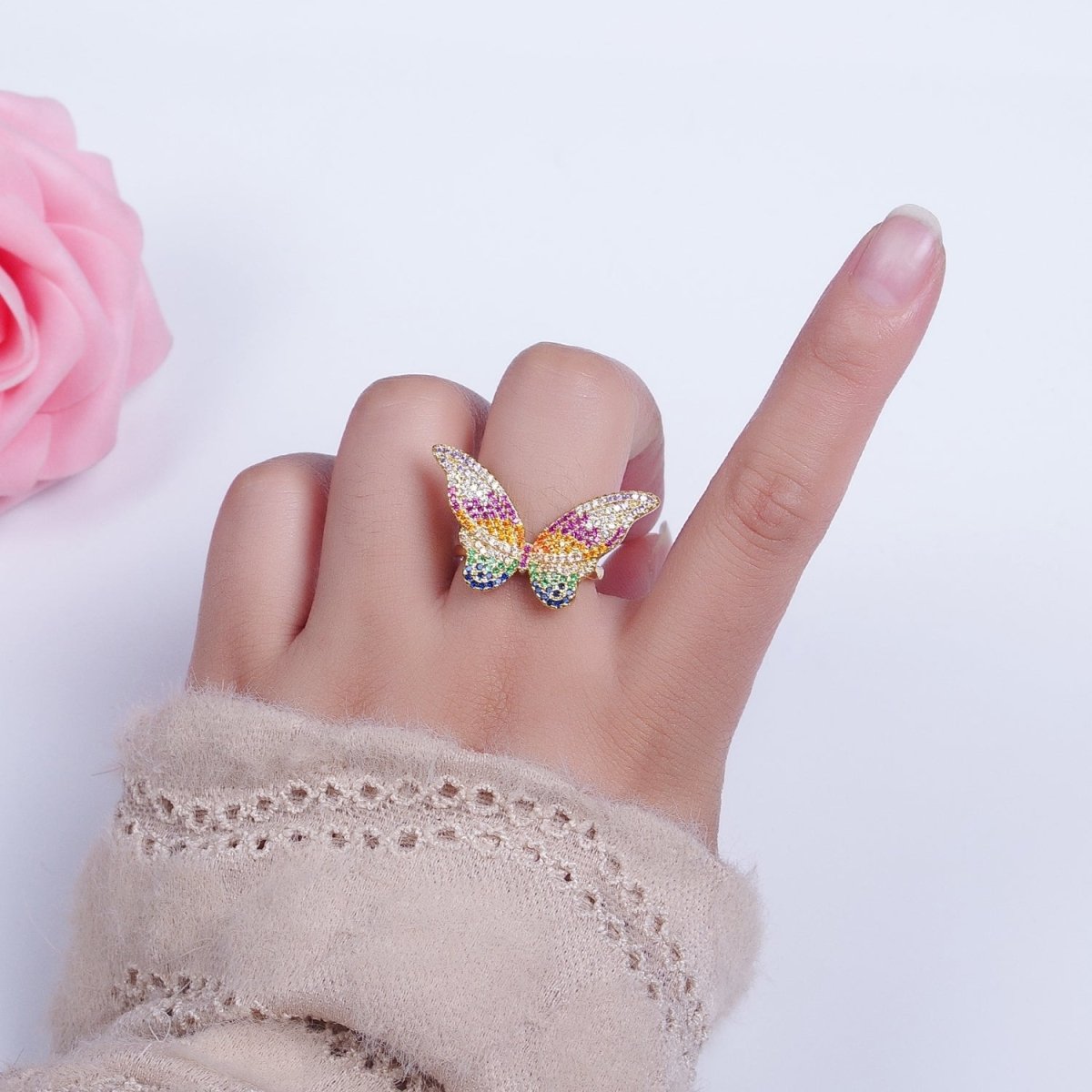 24K Gold Filled Multicolor Rainbow Butterfly Mariposa Cubic Zirconia Adjustable Statement Ring | U-126