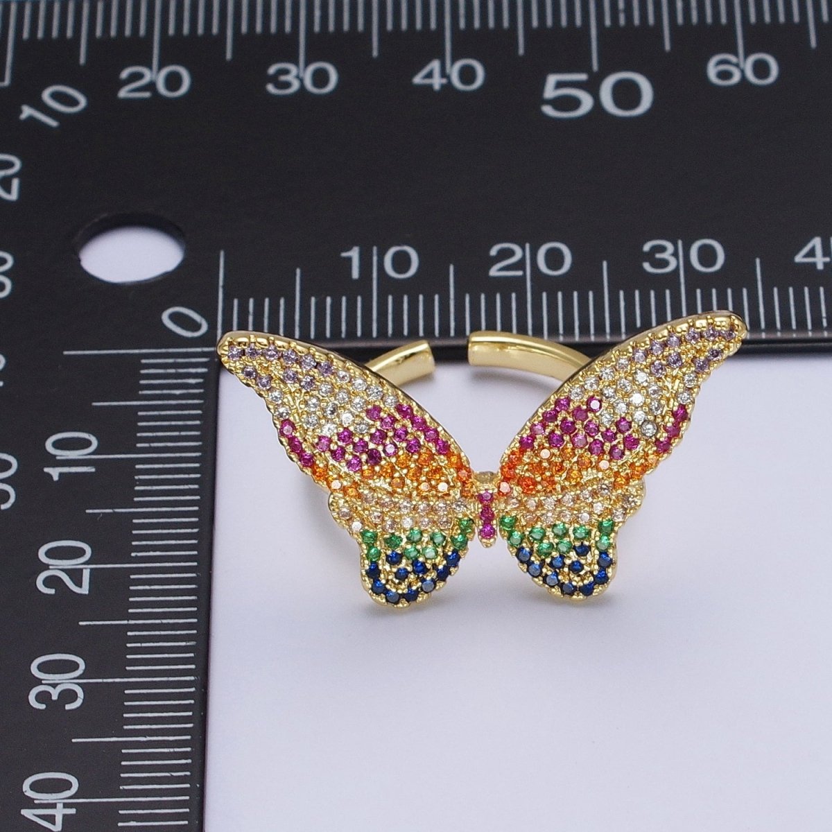 24K Gold Filled Multicolor Rainbow Butterfly Mariposa Cubic Zirconia Adjustable Statement Ring | U-126