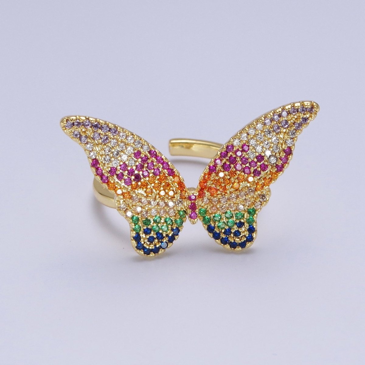 24K Gold Filled Multicolor Rainbow Butterfly Mariposa Cubic Zirconia Adjustable Statement Ring | U-126