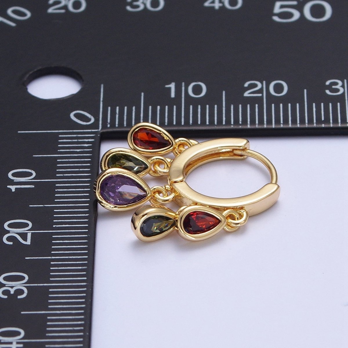 24K Gold Filled Multicolor Teardrop CZ Drop Huggie Earrings | T189