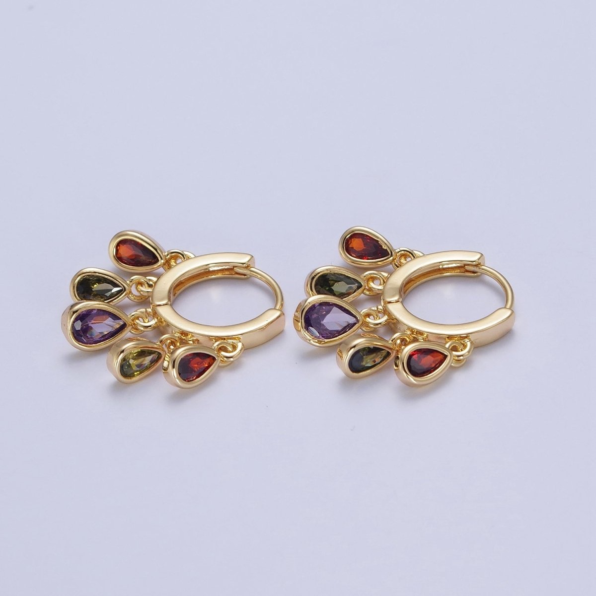 24K Gold Filled Multicolor Teardrop CZ Drop Huggie Earrings | T189