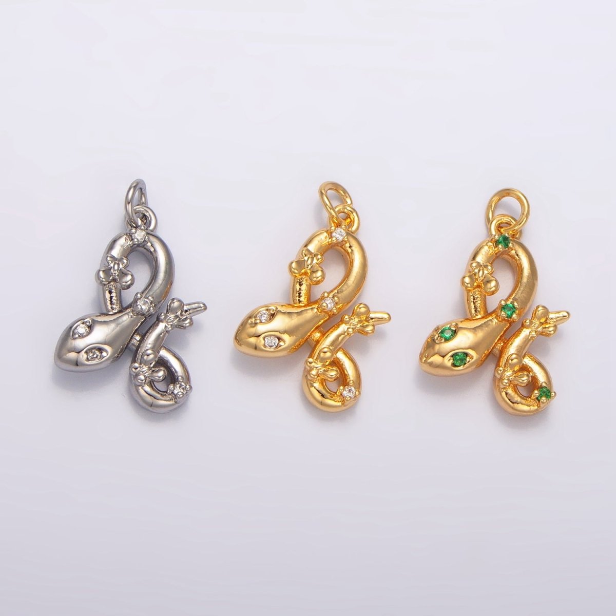 24K Gold Filled Multidimensional Clear, Green CZ Serpent Snake Animal Charm in Gold & Silver | W046