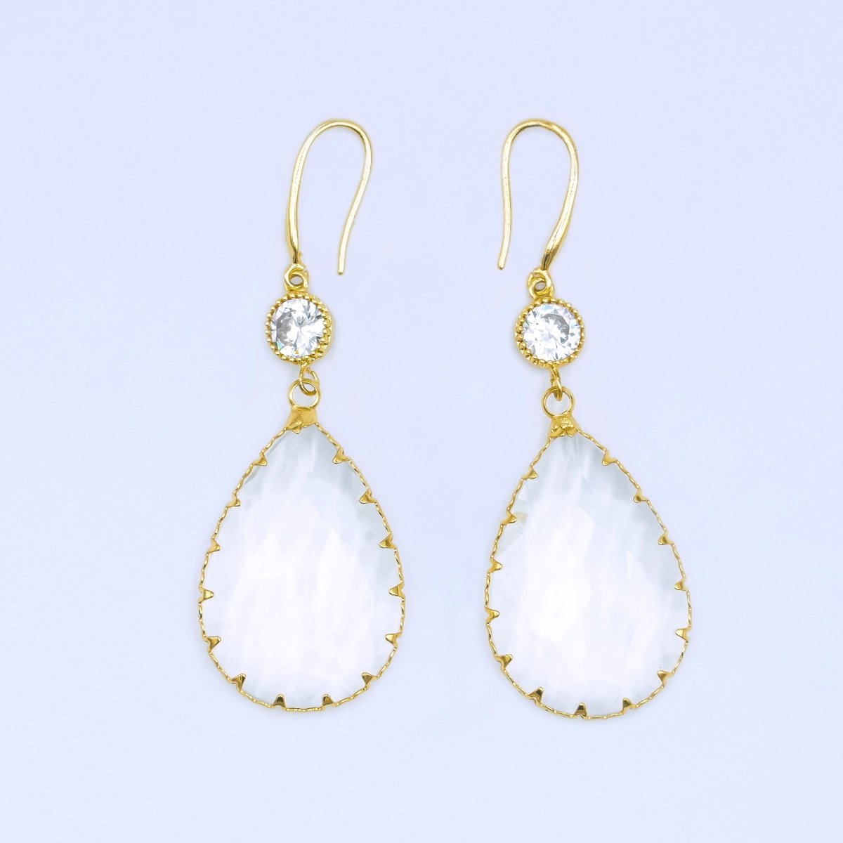 24K Gold Filled Multifaceted CZ Teardrop Drop French Hook Earrings | AB1416 - DLUXCA