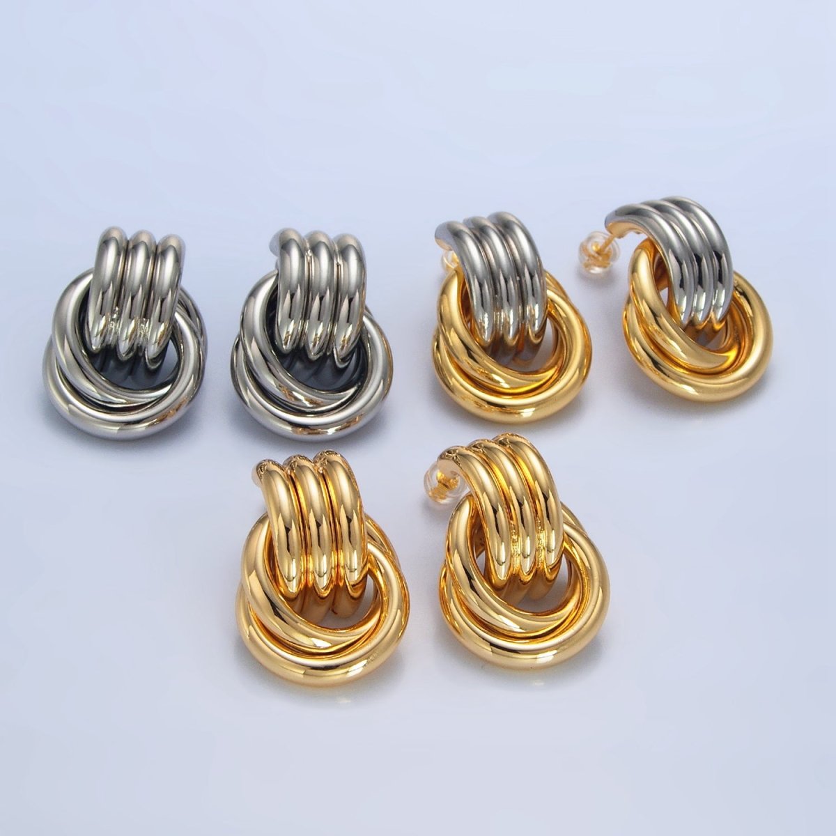 24K Gold Filled Multiple Circular Band Door Knocker Drop Stud Earrings in Gold, Silver & Mixed Metal | AD694 - AD696