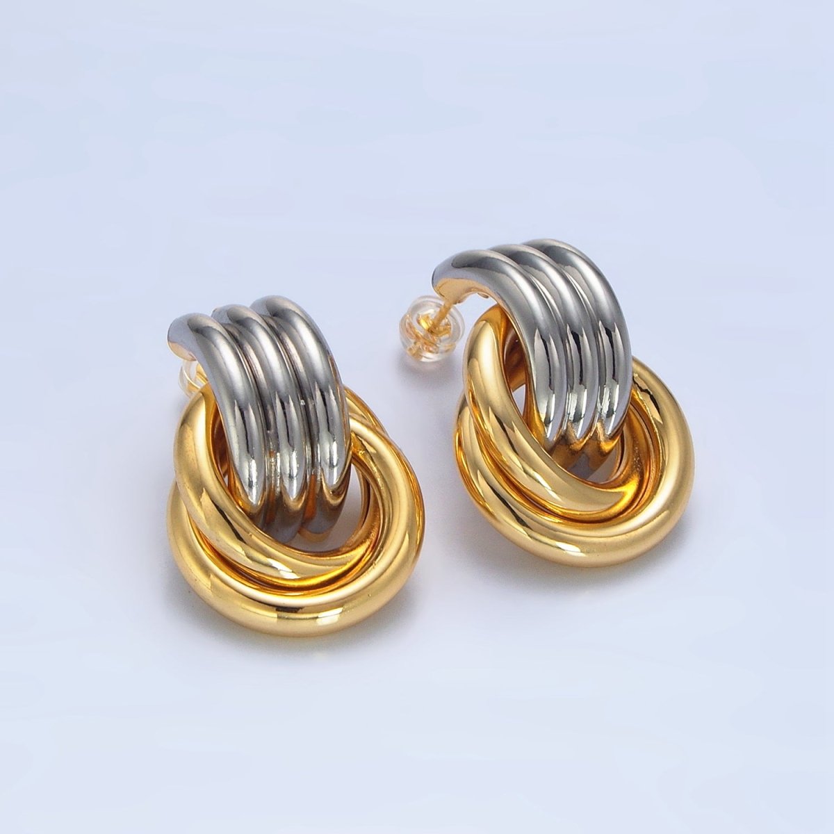 24K Gold Filled Multiple Circular Band Door Knocker Drop Stud Earrings in Gold, Silver & Mixed Metal | AD694 - AD696