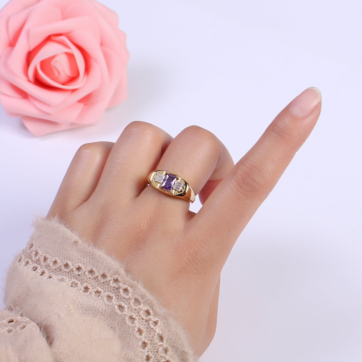 24K Gold Filled Multiple Color Crystal Cubic Zirconia CZ Cuff Ring, Minimalist Clear Baguette Signet Adjustable Ring  S-327~S-330 S-335~S-338