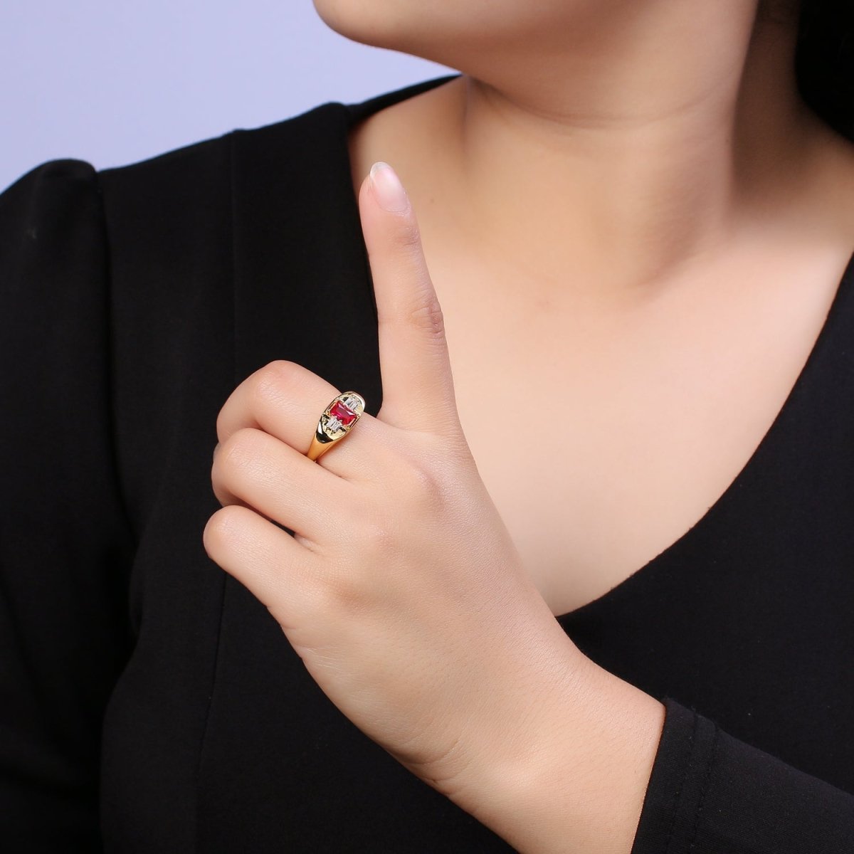 24K Gold Filled Multiple Color Crystal Cubic Zirconia CZ Cuff Ring, Minimalist Clear Baguette Signet Adjustable Ring  S-327~S-330 S-335~S-338