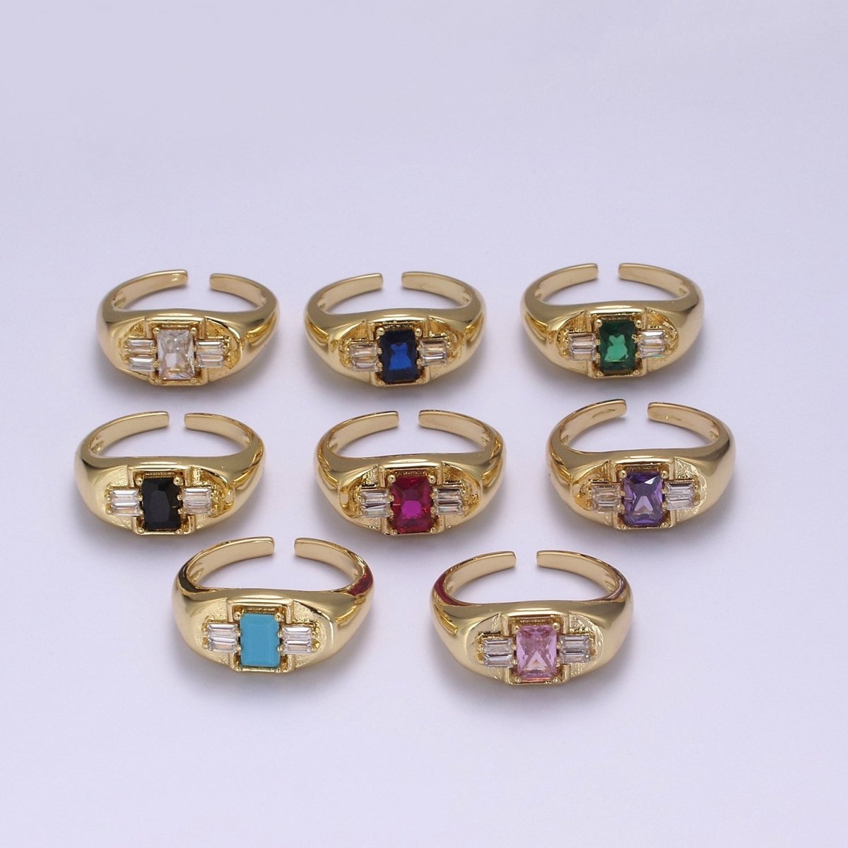 24K Gold Filled Multiple Color Crystal Cubic Zirconia CZ Cuff Ring, Minimalist Clear Baguette Signet Adjustable Ring  S-327~S-330 S-335~S-338