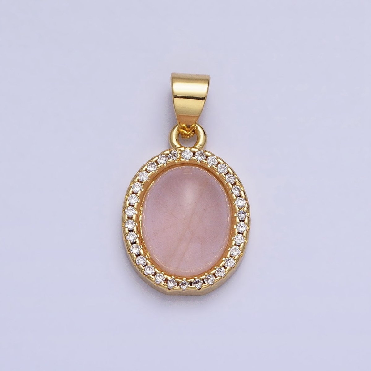 24K Gold Filled Natural Blue Agate, Moonstone, Rose Quartz, Amazonite, Amethyst Micro Paved CZ Oval Pendant | AA270 - AA274