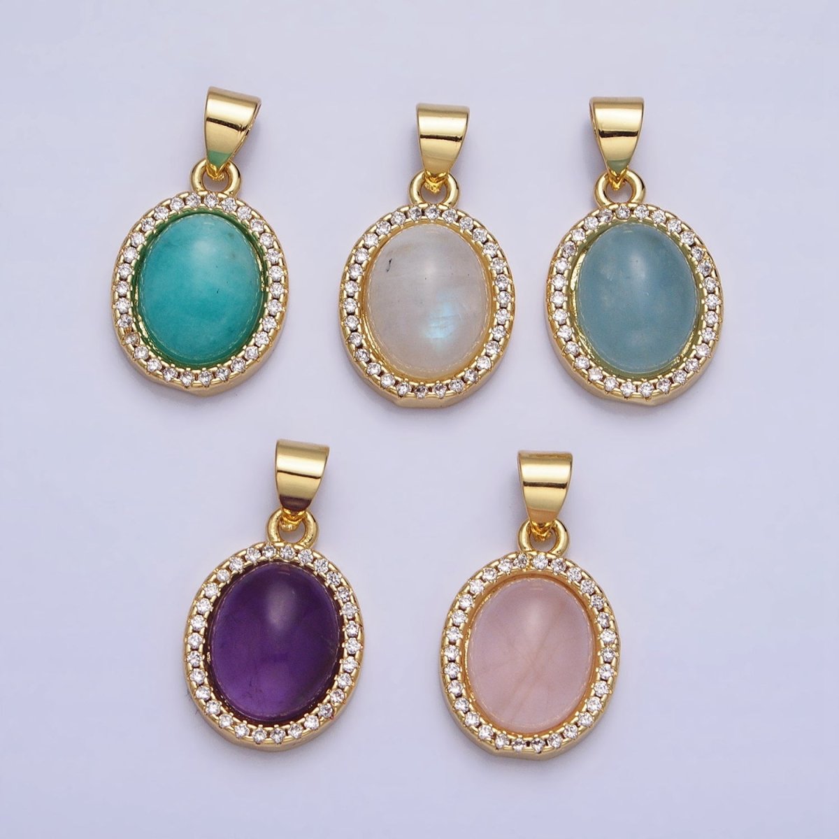 24K Gold Filled Natural Blue Agate, Moonstone, Rose Quartz, Amazonite, Amethyst Micro Paved CZ Oval Pendant | AA270 - AA274