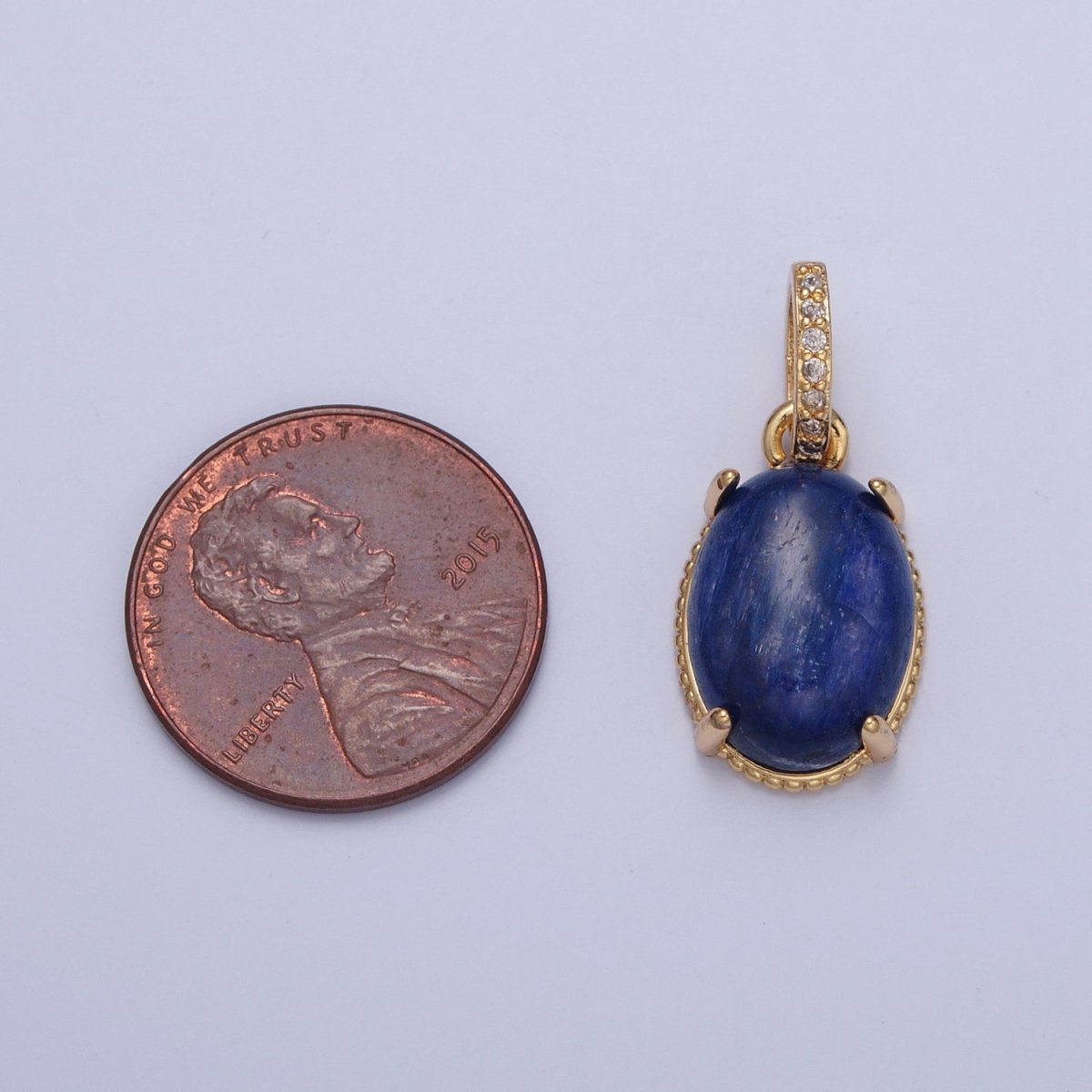 24K Gold Filled Natural Blue Lapiz Pendant, Micro Pave CZ Oval Pendant For Necklace Making H-378 - DLUXCA