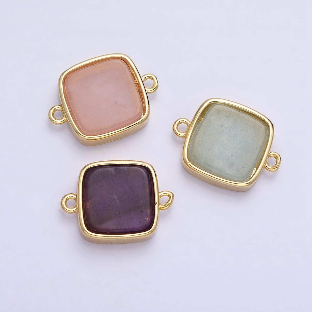 24K Gold Filled Natural Gemstone Blue Agate, Rose Quartz, Amethyst Flat Square Charm Connector | Y-797 Y-798